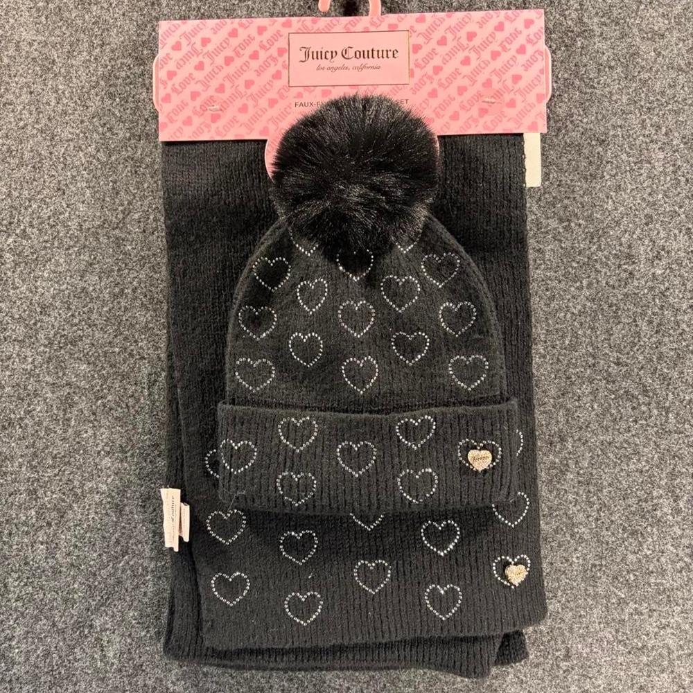 Juicy Couture Black Rhinestone Heart Beanie Scarf Set Faux Fur Pom JCY2775 NWT
